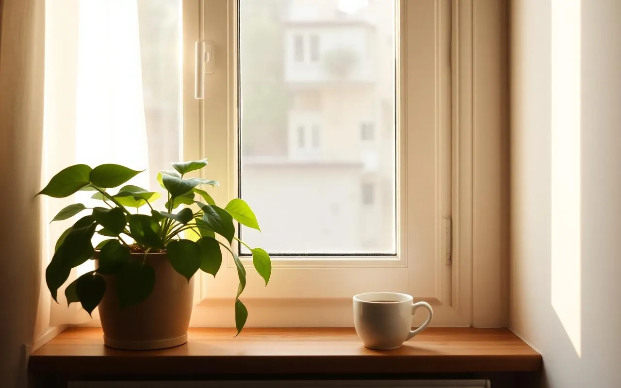A sunlit window with a houseplant and a cup of coffee, warm and peaceful.