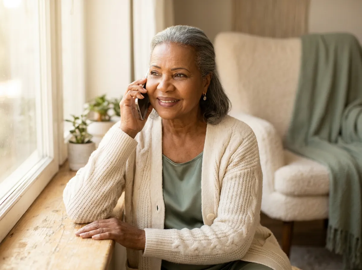 An older woman smiling on a phone in her sunlit kitchen, holding a mug of tea.